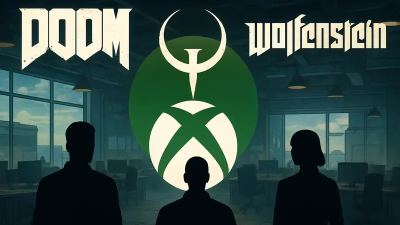 Логотипы игр Doom, Quake и Wolfenstein, на фоне логотипа Xbox, иллюстрация игровой индустрии