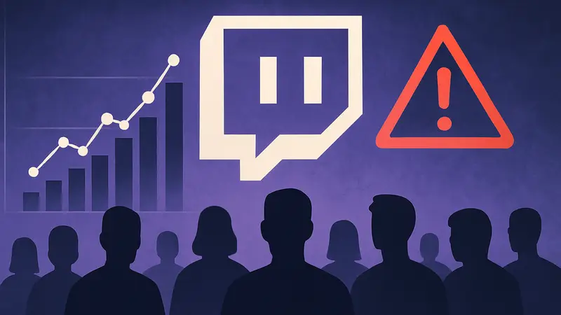 Логотип Twitch, на фоне которого изображены графики зрителей и значок предупреждения.