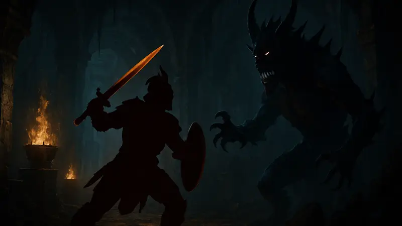Персонаж из Diablo 4 сражается в тёмном подземелье 'Убежище Тьмы'.