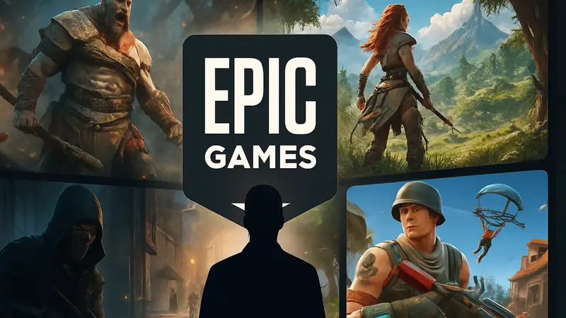 Логотип Epic Games Store на фоне скриншотов из популярных игр