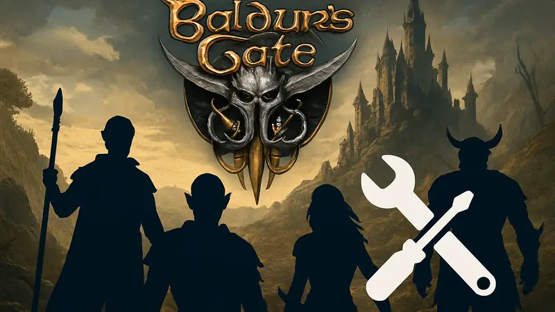 Логотип Baldur's Gate 3 на фоне персонажей, иллюстрация нового патча и фиксов.