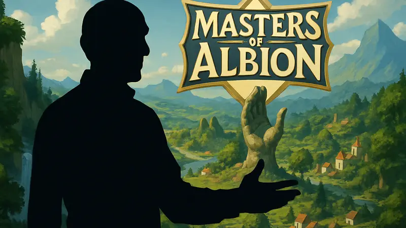 Питер Молиньё на фоне логотипа Masters of Albion, демонстрируя возвращение к God Game.