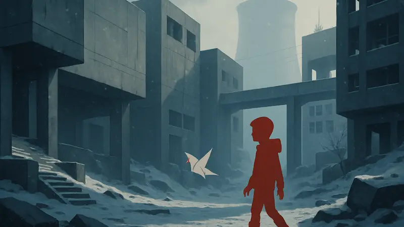 Скриншот игры Lofsöng с изображением детской фигуры в бруталистском мире ядерной зимы.