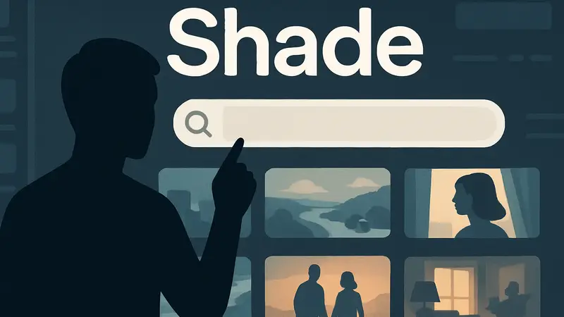 Логотип Shade на фоне интерфейса, показывающего поиск видео по текстовому запросу