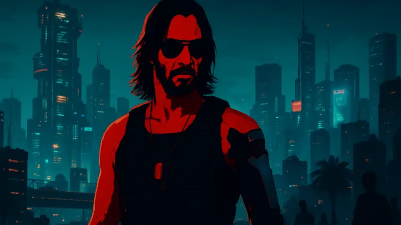 Изображение Киану Ривза в роли Джонни Сильверхенда из игры Cyberpunk 2077, на фоне ночного Найт-Сити.