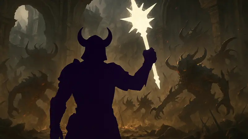 Игровой скриншот Diablo 4, на котором изображен персонаж с мифическим предметом, на фоне битвы с демонами.