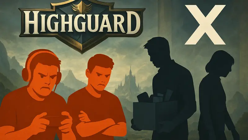Логотип игры Highguard, значок X (Twitter), недовольные геймеры, уволенные сотрудники студии.