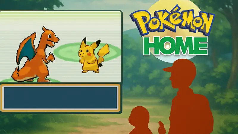 Скриншот из Pokémon FireRed с покемонами Чармандером и Пикачу, логотип Pokémon Home.