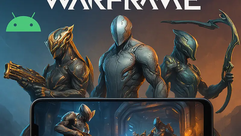 Логотип Warframe и персонажи игры на фоне смартфона, демонстрирующие мобильную версию для Android.