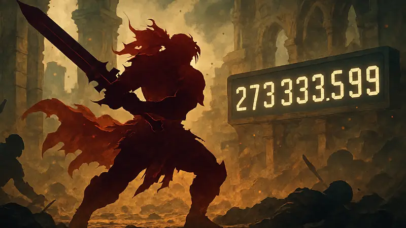 Персонаж The First Berserker Khazan в бою, на фоне счетчика смертей.