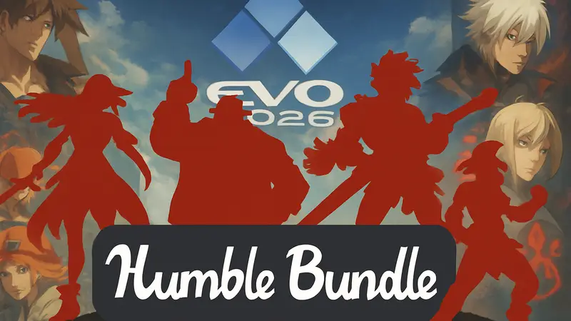 Логотип Humble Bundle и изображения персонажей из файтингов Arc System Works на фоне Evo 2026