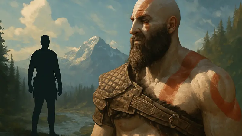 Кратос из God of War смотрит вдаль, на заднем плане силуэт другого персонажа, намек на спин-офф.