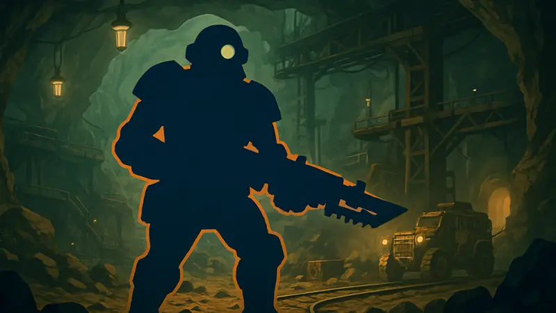 Игровой персонаж Slicer из Deep Rock Galactic: Rogue Core с оружием на фоне шахты.