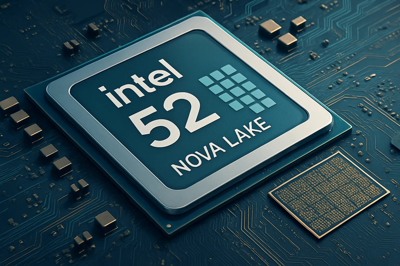 Рендер или изображение процессора Intel Nova Lake с указанием 52 ядер и крупного кэша.