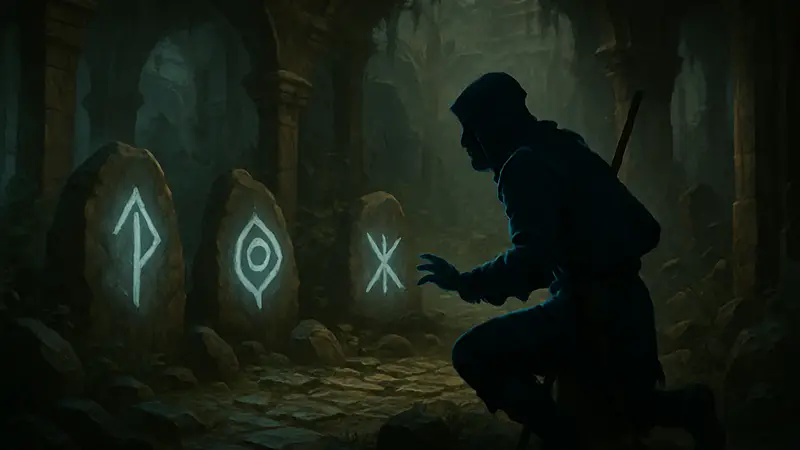 Игровой скриншот из Path of Exile 2 с изображением рун или персонажа, ищущего их.