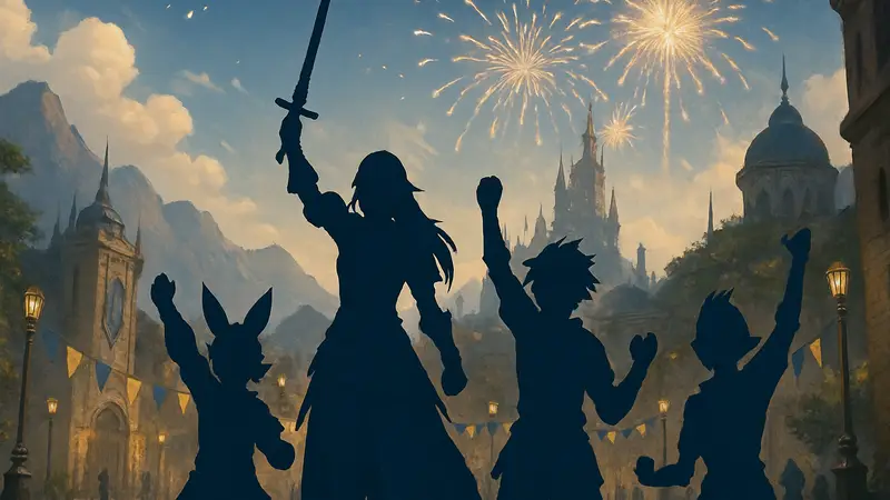 Изображение персонажей из Final Fantasy XIV, празднующих событие The Maiden’s Rhapsody в FFXIV.
