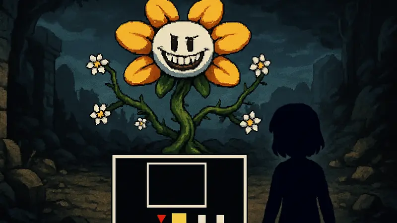 Изображение босса Flowery из игры Deltarune, с элементами боевого интерфейса.