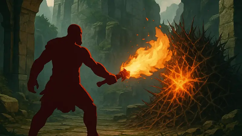 Кратос с Вечным Огнём сжигает колючие шипы в God of War Sons of Sparta