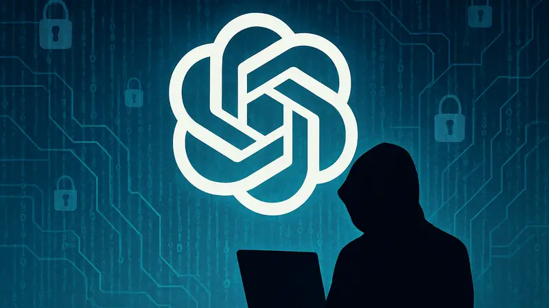 Логотип OpenAI на фоне стилизованного изображения данных или кода, символизирующий кибербезопасность.