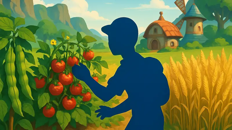Игрок собирает урожай бобов, помидоров и пшеницы в игре Pokopia