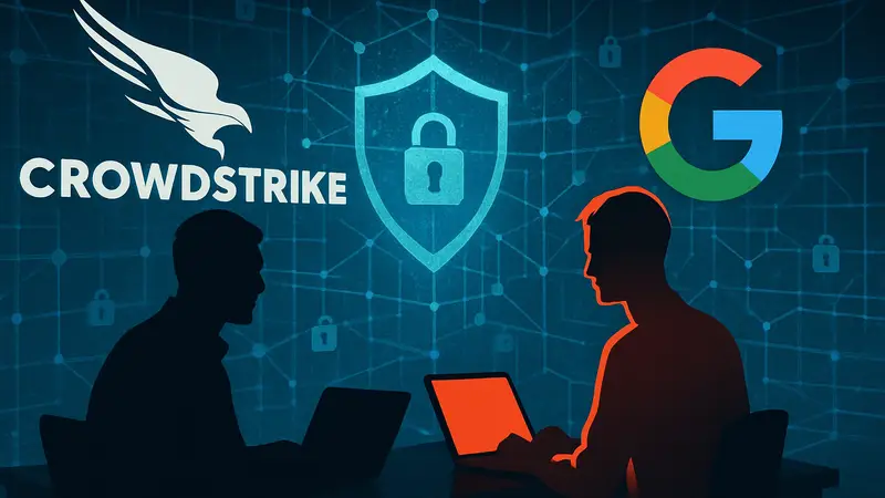 Логотипы CrowdStrike и Google на фоне защищенной компьютерной сети