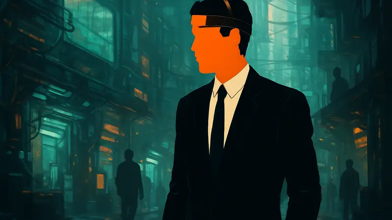 Киану Ривз в роли Джонни-Мнемоника в футуристическом киберпанк-костюме.