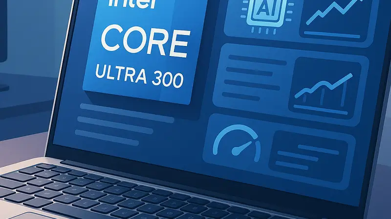 Ноутбук с процессором Intel Core Ultra 300 на экране демонстрирует характеристики