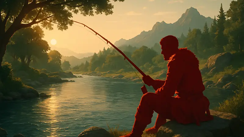 Геймплей Crimson Desert: персонаж занимается рыбалкой у реки в закатных лучах