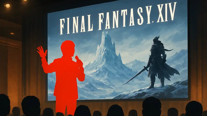 Naoki Yoshida на сцене Fanfest, представляющий будущее Final Fantasy 14 Evercold.