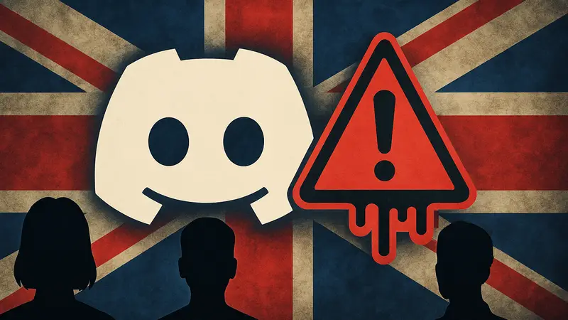 Логотип Discord с предупреждающим знаком, символизирующим утечку данных и проблемы с конфиденциальностью. На фоне британский флаг.