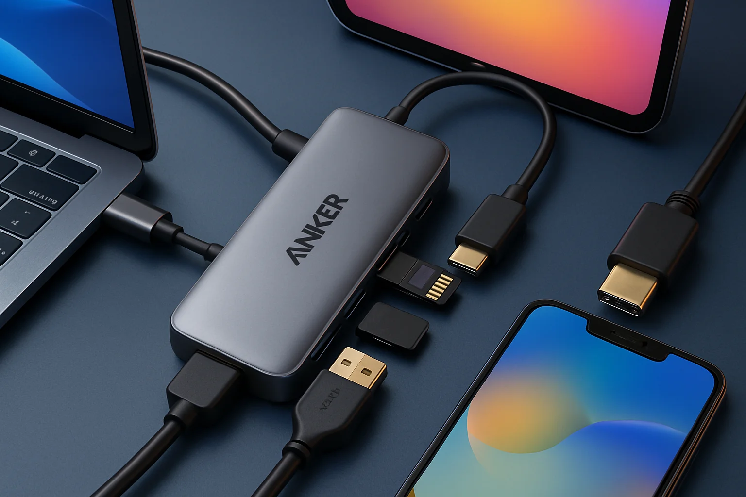 Компактный USB-C хаб Anker 7-в-1 с подключенными кабелями к различным устройствам.