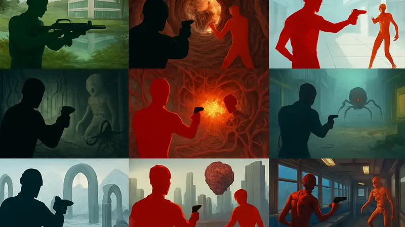 Коллаж из десяти скриншотов необычных шутеров, включая Cruelty Squad и SUPERHOT