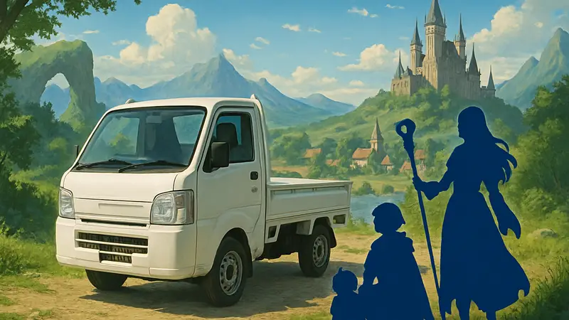 Арт из игры «Грузовичок-кун», с изображением грузовика и фэнтезийного мира на заднем плане.