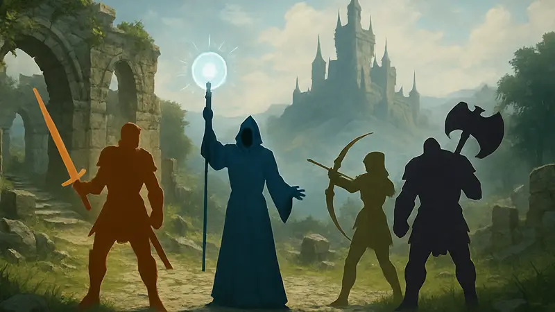MMO: группа разных классов персонажей, демонстрирующих их уникальные способности.