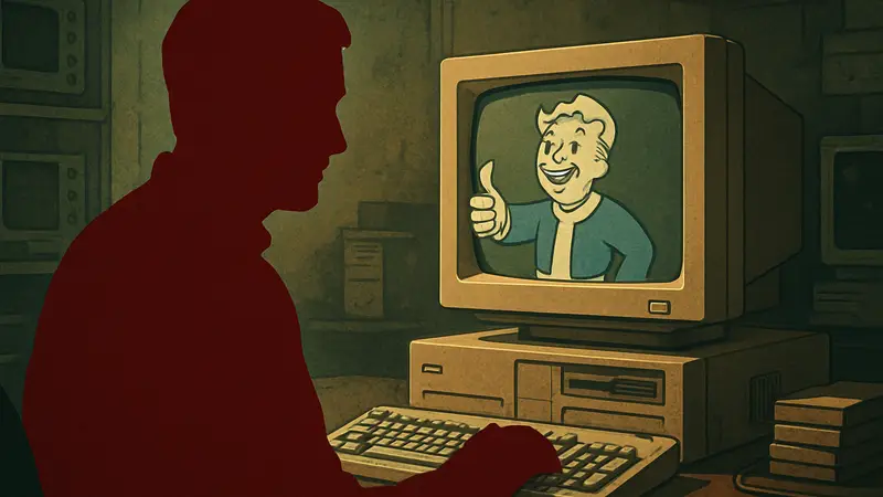 Тим Кейн, один из создателей Fallout, на фоне ретро-компьютера, символизирующий историю игрового дизайна.