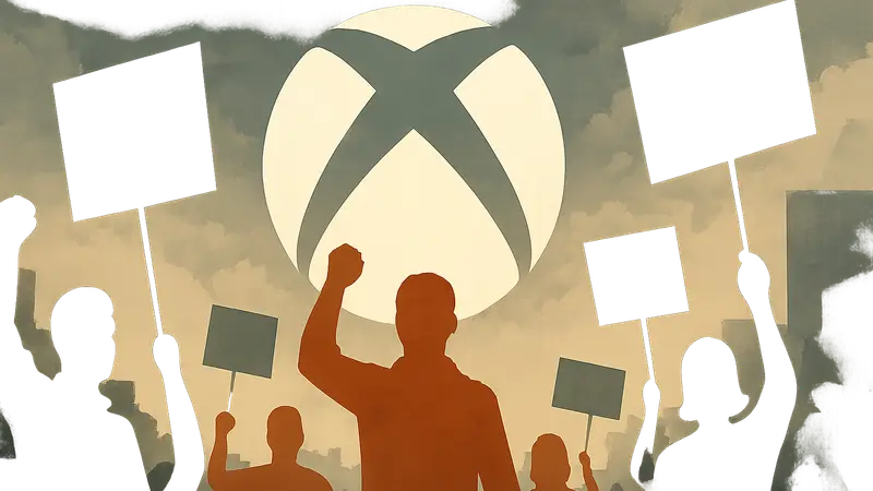 Логотип Xbox на фоне протестующих игроков, символизирующий требование остановить увольнения.