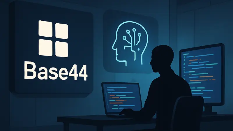 Логотип Base44, схематическое изображение ИИ-модели и процесс кодинга на экране.