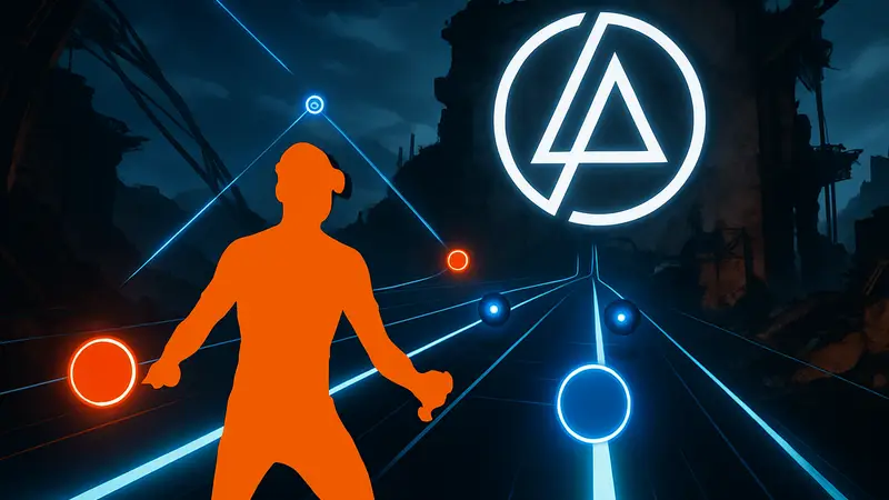 Скриншот игры Synth Riders с элементами интерфейса и логотипом Linkin Park