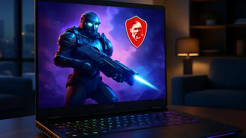 Игровой ноутбук MSI Vector A18 HX с яркой подсветкой на фоне современного интерьера