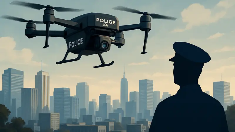 Полицейский дрон Brinc в полёте над городом. Беспилотник для общественной безопасности.