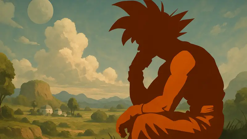 Изображение Сайяна из Dragon Ball, задумчиво смотрящего вдаль, символизирующее сожаление или неловкость.