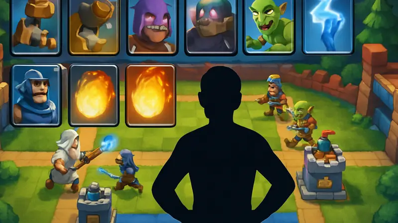 Скриншот игрового процесса Clash Royale с изображением различных карт и боевого поля Арены