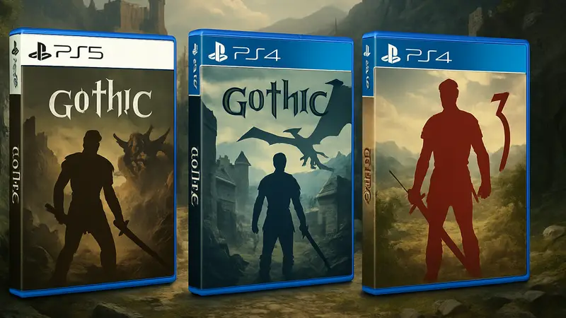 Обложки игр Gothic 1, Gothic 2 и Gothic 3, стилизованные под переиздание для PS5 и PS4