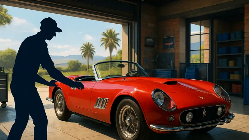Игрок настраивает автомобиль Ferrari 250 California в гараже Forza Horizon 6, солнечный день.
