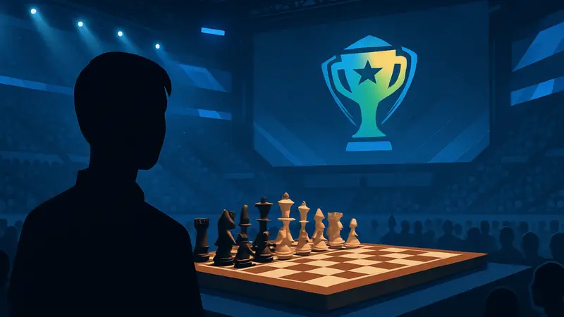 Шахматная доска и логотип Esports World Cup на киберспортивной арене.