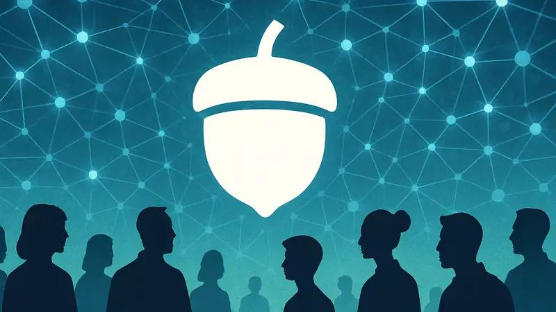 Логотип Acorn на фоне децентрализованной сети, символ новых онлайн-сообществ.
