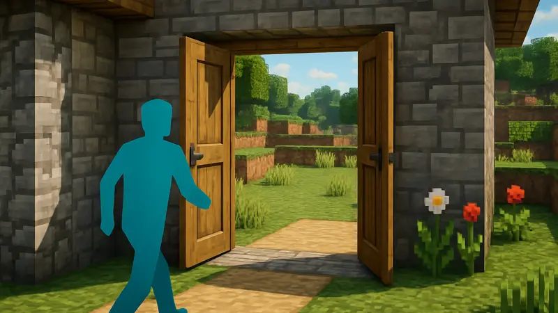 Игровой скриншот из Pokopia, демонстрирующий двойные двери