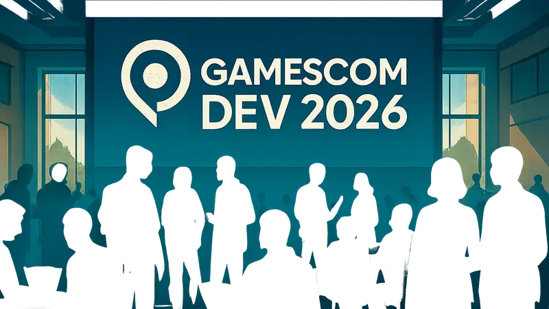Логотип Gamescom Dev 2026 на фоне разработчиков игр или конференц-зала.