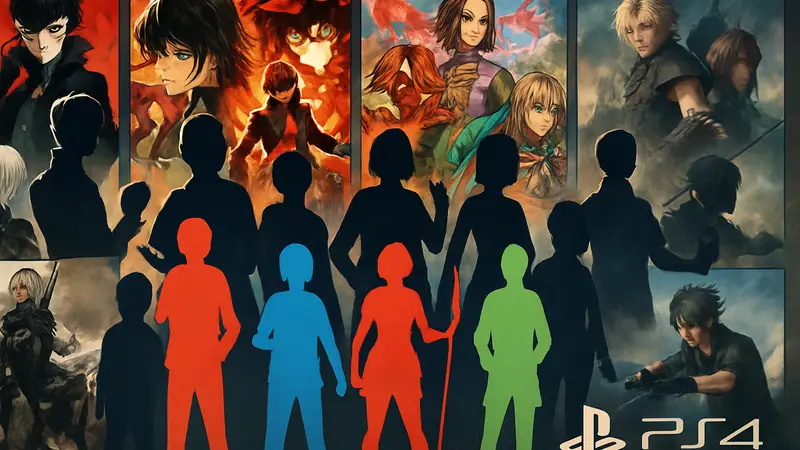 Коллаж из обложек десяти различных амбициозных JRPG для PlayStation 4, логотип PS4.