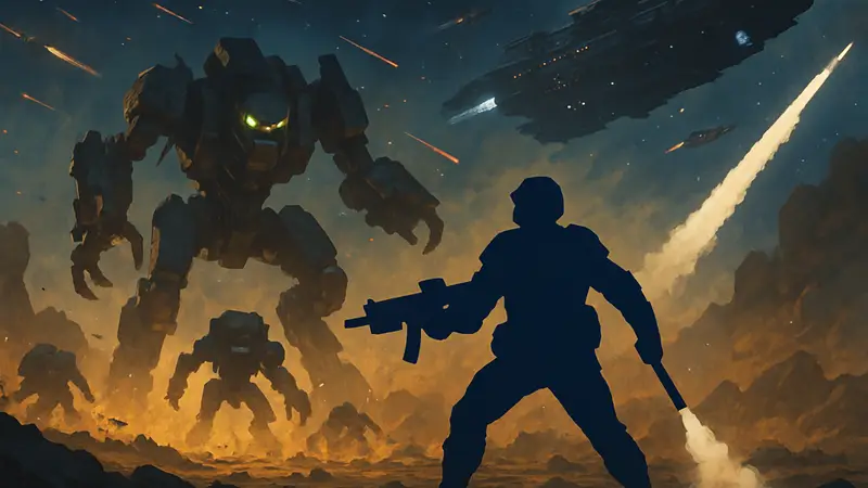 Кадр из игры Helldivers 2 с изображением новых противников или стратагем из обновления «Машины угнетения», на фоне космического сражения.